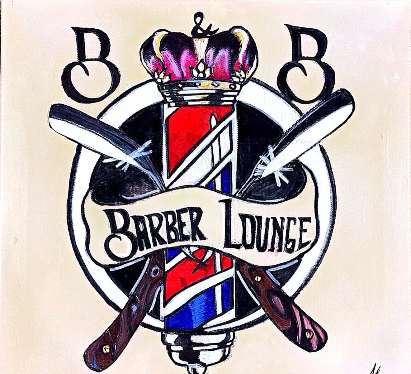 B&B Barber Lounge, original acrylic painting by Franco Piperis