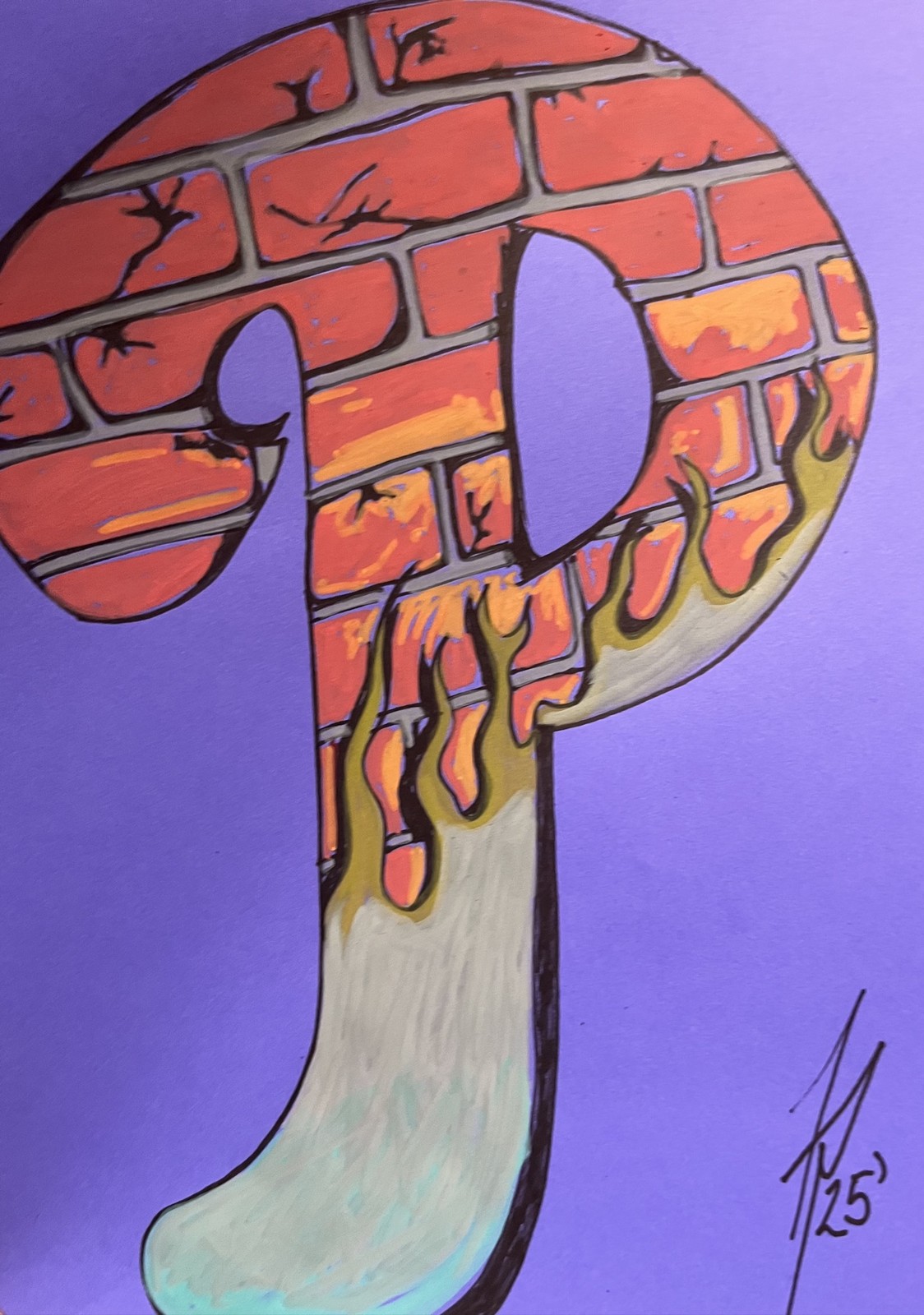 P in Flames, original acrylic painting by Franco Piperis