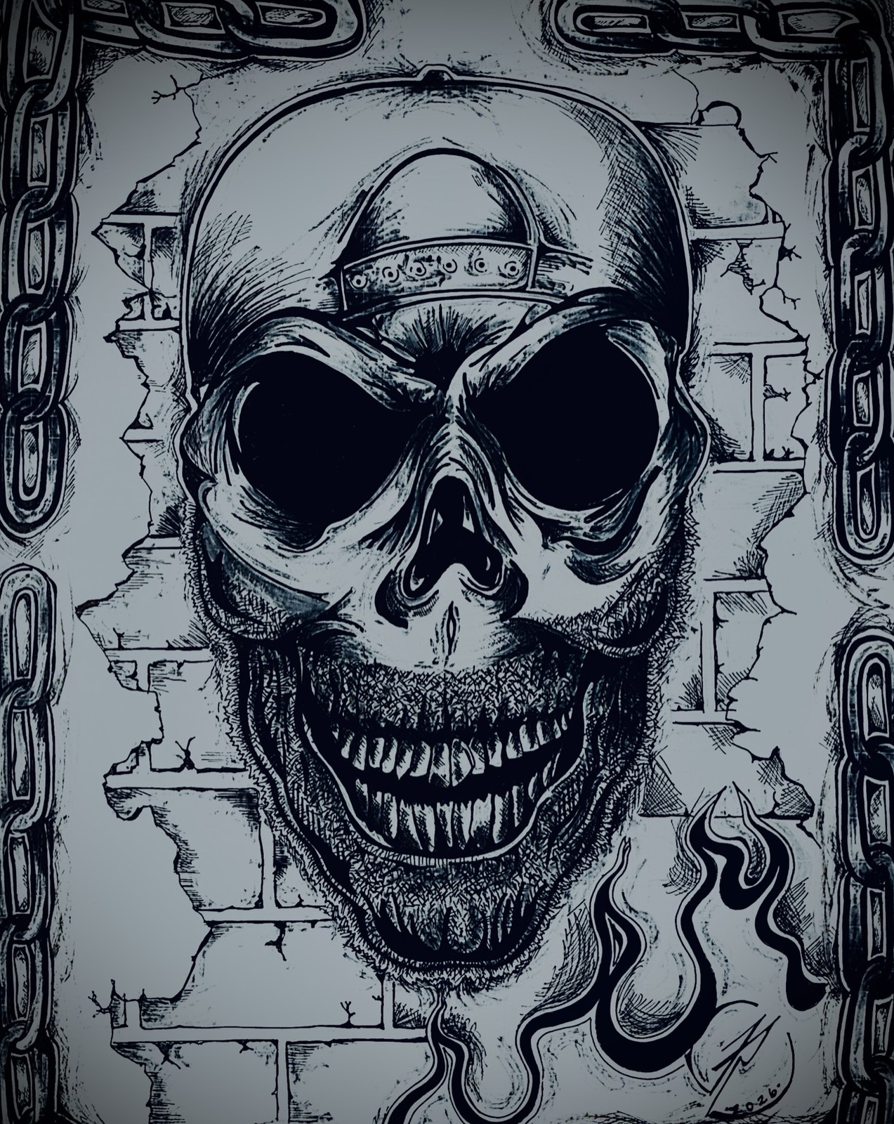 Chained Skull, original acrylic painting by Franco Piperis