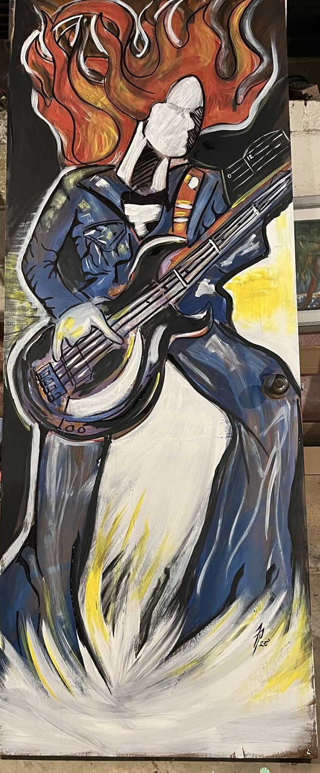 Flaming Guitarist, an original acrylic painting of a guitarist on a painted door by Franco Piperis